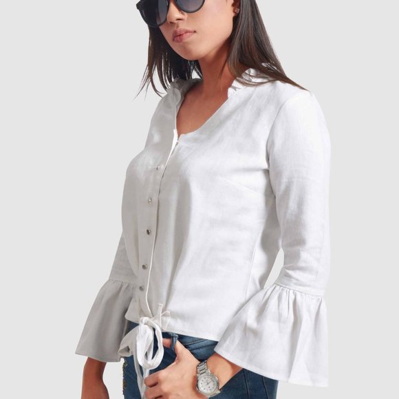 OLGYN Tops - OLGYN Women’s Linen Bell-Sleeve White Top